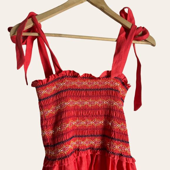 Cara Cara NYC Jenny Hibiscus Linen Smocked Tie Shoulder Midi Dress Size S - Picture 11 of 16